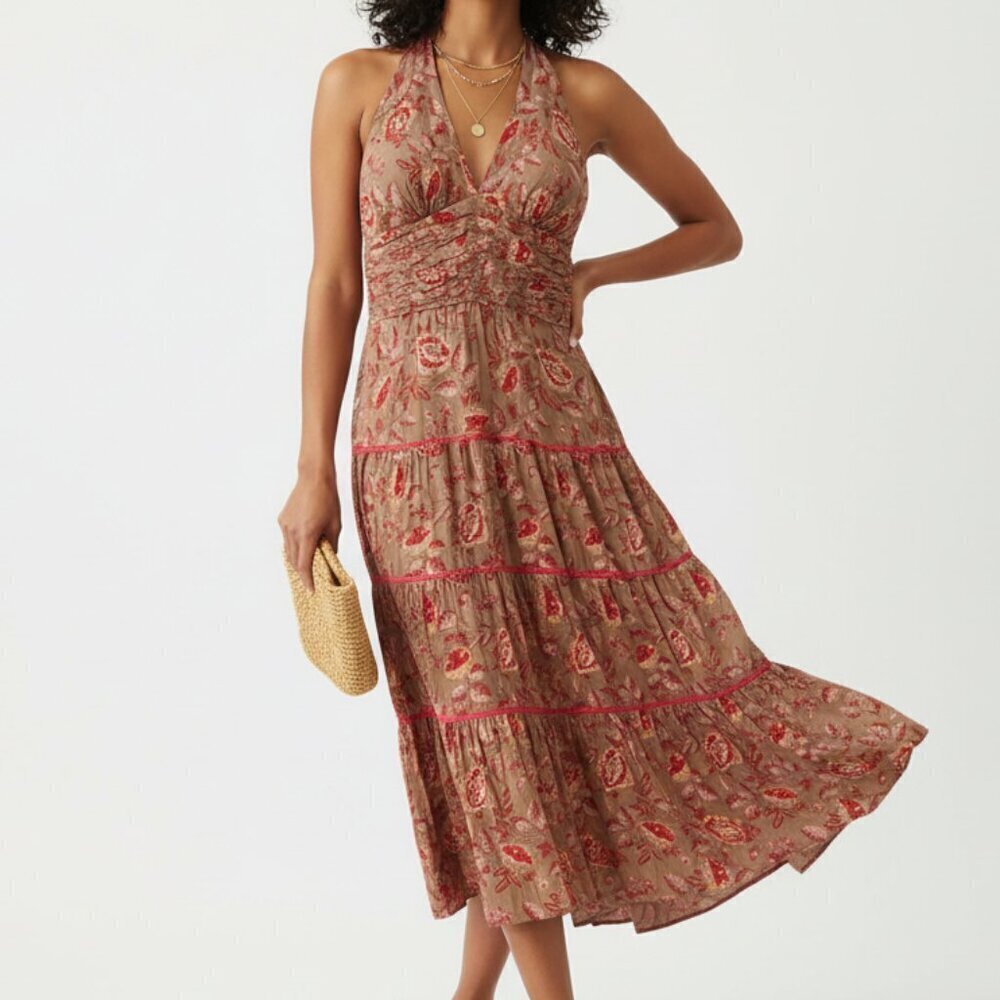 Philip Decaprio Designer Floral Maxi Halter Cotton Dress in Red and Tan Size 10